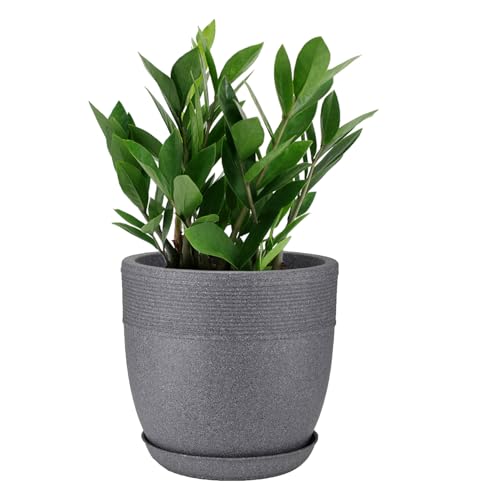 Image of GARDENS NEED Stylish 10-Inch (25.4cm) Grey Granite Marble Look Roto Moulded Plastic Flower Pot with Drainage Hole and Bottom Tray for Indoor and Outdoor Use