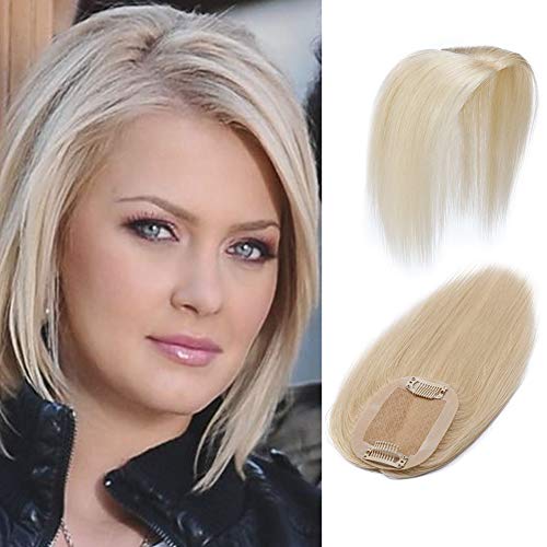 100% Remy Human Hair Silk Base Top Hairpieces Replacement Clip in Topper For Women Crown Top Piece Short 6''/6inch #60 Platinum Blonde 15g