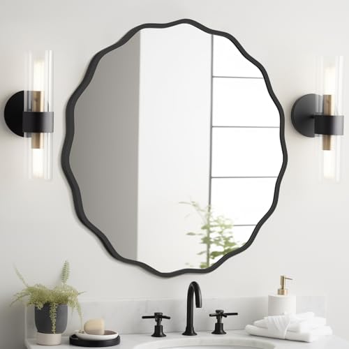 Image of WallBeyond Round Wavy Mirror for Wall Decorative 28 inch, Modern Round Mirror Aluminum Frame for Bathroom Bedroom Living Room Home House Office Entryway, Black