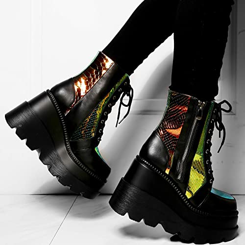 Holographic Platform Gothic Ankle Boots for Womem Combat Boots Lace Up Chunky Heel Wedge Booties Side Zip Punk Boots4