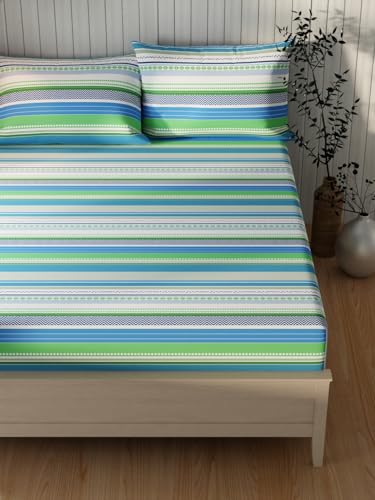 Image of KOPA Extra Smooth Cotton Double Bedsheet with 2 Pillow Covers -3pc Set (Lopez) | Extra Smooth Cotton | 1 Double Bedsheet with 2 King Size Pillow Covers Stripe-Green /Multi