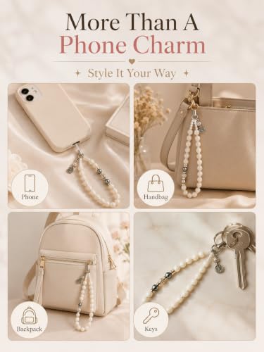 Image of Handmade Beaded Phone Charm Strap for Women & Girls | Aesthetic Mobile Charm | Pearl & Crystal Bead Wrist Strap | Cute Phone Bag Accessory | Korean Style