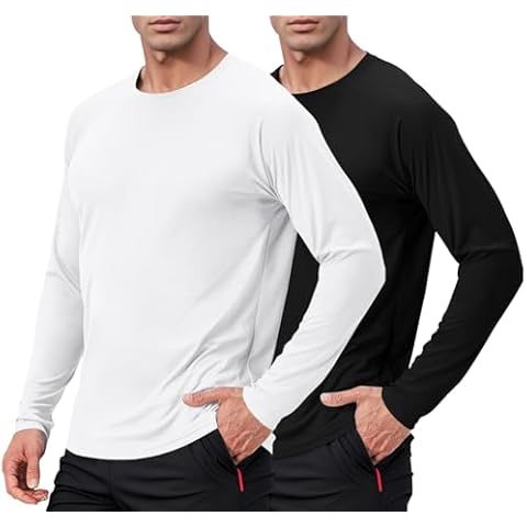 Lzzidou Men's UPF 50+ Long Sleeve Shirts 2 Pack Long Sleeve UV Sun Protection Rash Guard Athletic Fishing Running Swimming Tees, Medium, B1 White / Black Cover