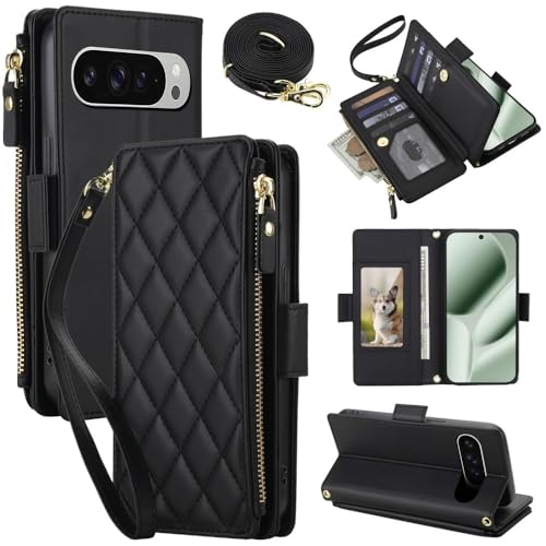 Coque Pixel 9 Pro 5G étui portefeuille zippé rabat cuir noir sangle