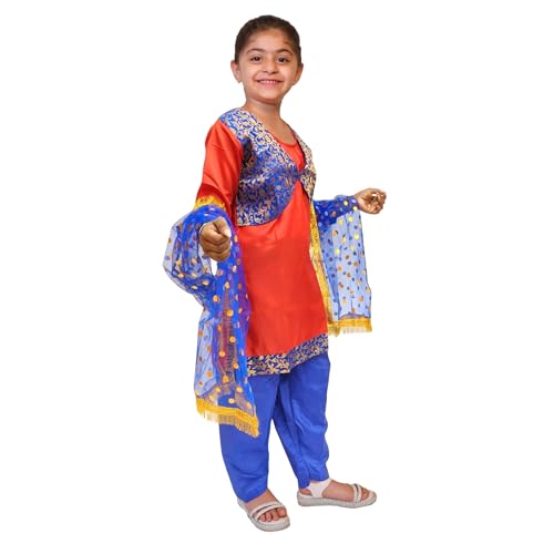 Image of Kaku Fancy Dresses Punjabi Girl Ethnic Costume for Kids - Red & Blue Salwar Suit Dress with Dupatta | Indian State Fancy Dress for Girls (5-6 Years)