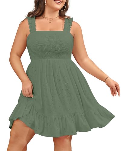 Image of Talisea Women's Plus Size Summer Dresses - Casual Eyelet Square Neck Sleeveless Smocked Ruffle A-Line Cute Short Sundress