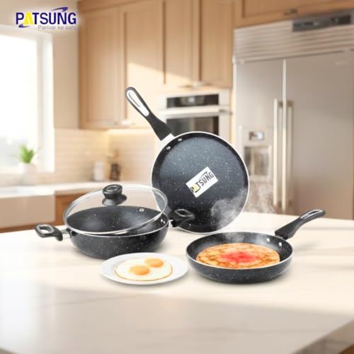 Image of 3-Piece Non-Stick Cookware Set - Tawa, Kadai with Glass Lid & Frying Pan | 3-Layer Non-Stick Coating | Induction & Gas Stove Compatible | Bakelite Cool-Touch Handles | Durable & Easy to Clean