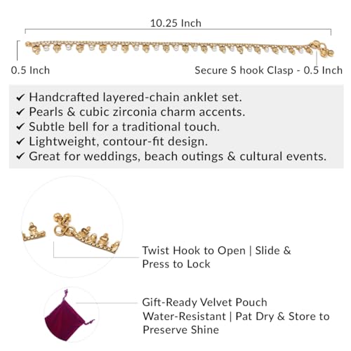Duel On Jewel Indian Payal Bell Anklet Set for Women with Pearls and Cubic Zircon, Layered Chain Design with Dangling Charms, Gold Plated, 10.25-Inch, Perfect for Wedding, Party, Dance, Beach, Gift4