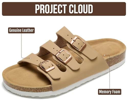 Image of Project Cloud 100% Genuine Leather Summer Sandals for Women 2026 - Memory Foam & Cork Footbed Beach Vacation Essentials Womens Sandals Comfortable Lightweight Slides for Women Footwear (Capri)