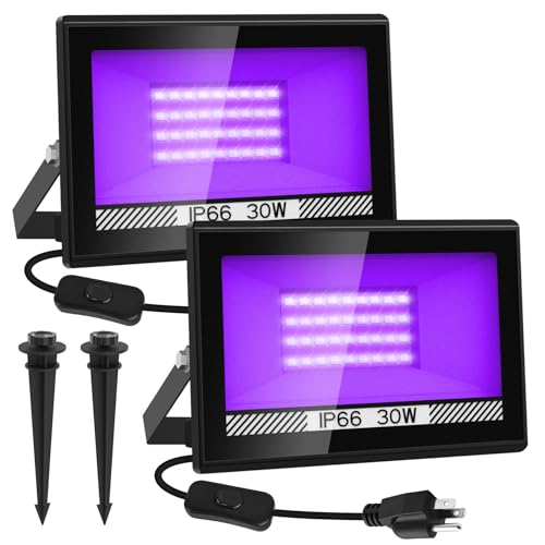 CREPOW 30W Black Lights, 2 Pack LED Blacklight Flood Light with Plug, IP66 Waterproof Black Lights for Glow Party, Glow in The Dark, Stage Lighting, Body Paint, Fluorescent Poster, Neon Glow