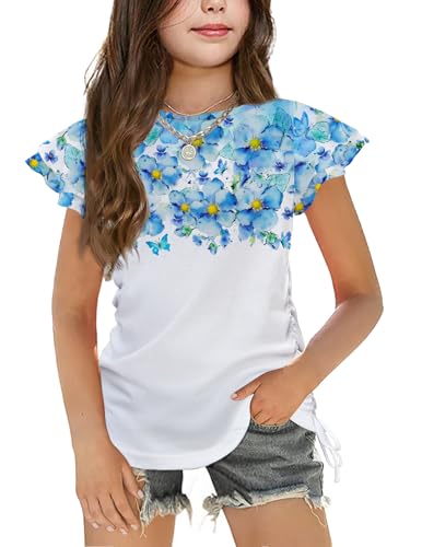 Image of Arshiner Girls T Shirts Ruffle Short Sleeve Ruched Knot Side Tunic Blouse Summer Tee Tops