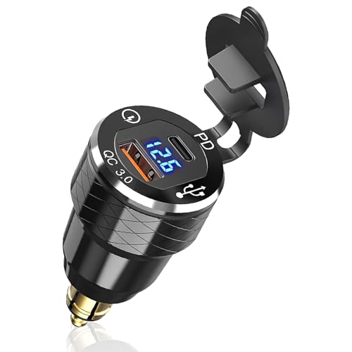 Prise USB C Moto DIN Chargeur, 30W PD3.0 et 18W QC3.0 Dual USB Din Hella Socket with LED Voltmeter, Waterproof Aluminum Adaptateur Allume Cigare Plug pour Moto...