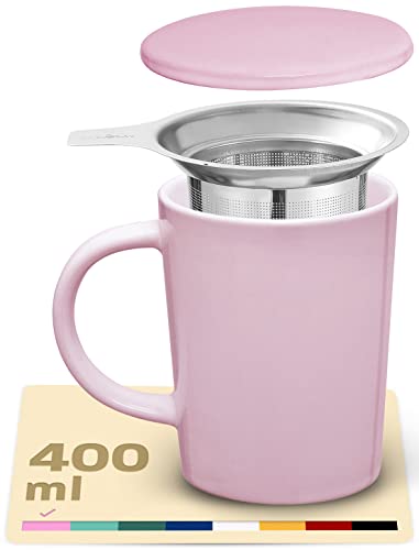 Tasse à Infusion avec Filtre et Couvercle - Céramique - Reste Chaud Longtemps - Rose 400 ml