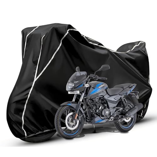 Image of Waterproof Bike Body Cover Compatible with Bajaj Pulsar 150 Dustproof Scratchproof - Motorcycle Cover for Two Wheeler, Outdoor Full Cover with UV, Duty, Rain Protection (Black & White)