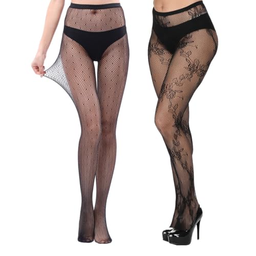 FIMWOLZ 2 Pares Medias Kawaii para Mujer, Encaje con Diseño de Rosas y Estrellas, Estilo Lolita Hollow (Negro)