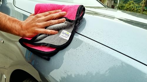 Image of SOFTSPUN Microfiber Cloth for Car Coral 800GSM 40X60cms 4 Pcs Pink+Grey! Extra Thick Microfiber Cleaning Cloths Perfect for Bike, Auto, Cars Both Interior and Exterior.