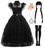 Cabeny Long Black Dress for Women Halloween Family Costume with Accessories Wig Necklace for Role Cosplay Birthday Party CA034S