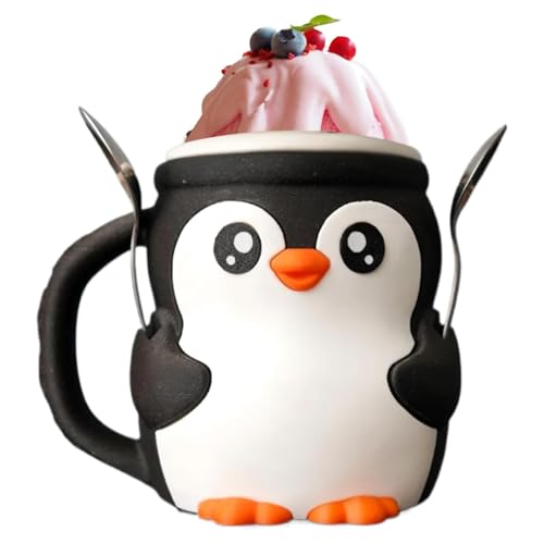 Bonito soporte de pinta de helado de pingüino, cuenco reutilizable impreso en 3D con ranura para cuchara, mango anticongelante y cajón secreto para aperitivos, se adapta a postres de yogur y