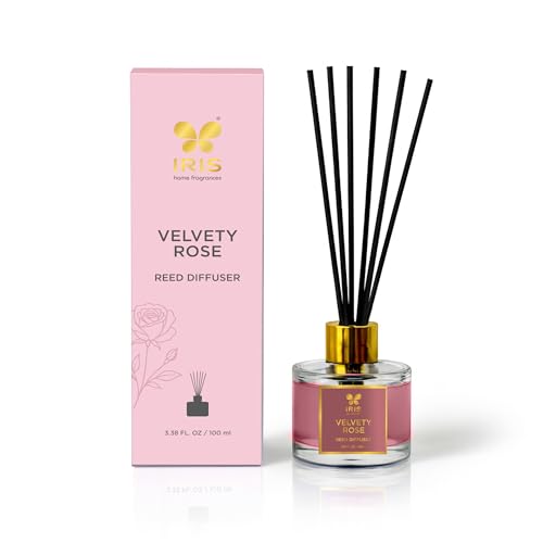 Image of IRIS Aroma Reed Diffuser - 100ml | Elegant Home Fragrance with 6 Fiber Reeds, Glass Round Bottle with Gold Cap | Aroma Diffuser for Cozy Decor & Gifting (Velvety Rose)