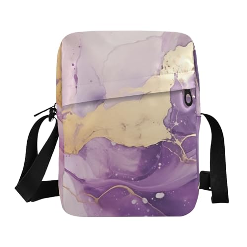 Crossbody Bag Purple White Gold Marble Messenger Bag for Women Men Purse Shoulder Bag Satchel Bag with Adjustable Strap 214B0111