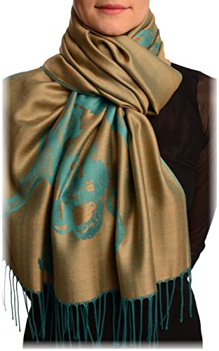 Écharpe beige Pashmina Feel à motifs roses et franges LissKiss