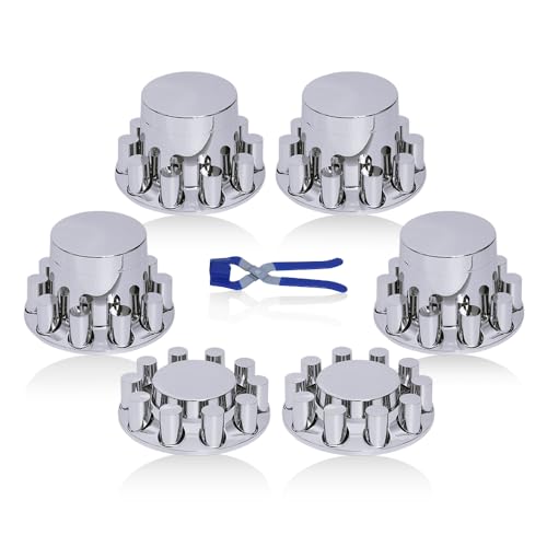 JIUXI 33mm Chrome ABS Flat Top Hub Cover Kit Axle Cover with 33mm Thread-on Lug Nut Covers 2 Front and 4 Rear Axle Wheel Covers and Removable Center Caps for Semi Trucks Trailer