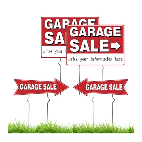 4 Pack Garage Sale Signs Large Garage Sale Sign with Metal Stakes 17x12 Inch Double-Sided Weatherproof Corrugated Plastic Yard Signs Includes Directional Arrows for Garages Sales Events (Red)