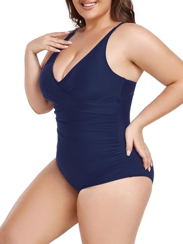 Ocean Blues Women's Plus Size Tummy Control One Piece Bathing Suit Punging Neckline One Piece Swimsuit Ruched Swimwear2