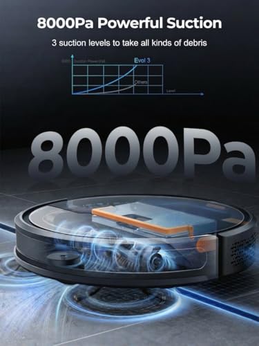 Laresar Clean Robot Vacuum Cleaner with Mop, 8000Pa Strong Suction, Robotic Vacuum, 180mins Runtime, Alexa/APP, Robot Vacuum with Auto Carpet Boost, Ideal for Pet Hair, Hard Floors, Carpet (Evol 3) - Image 3