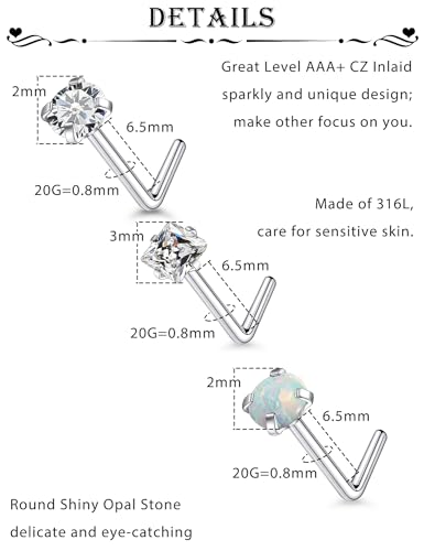 15 Pcs 18G 20G Surgical Steel Nose Rings Studs for Women Opal Nose Rings Diamond CZ Nose Studs L Shaped Nose Nostril Piercing Jewelry Hypoallergenic2