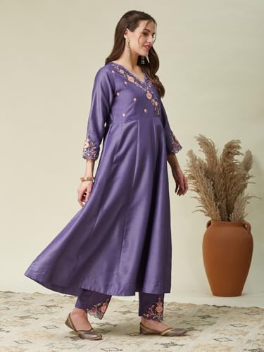 Image of MOKOSH Women's Silk Blend Embroidered Anarkali Kurta Pant with Dupatta | Anarkali Kurta Pant With Dupatta | V Neck 3 /4 Sleeve | Ethnic Wear | Floral Kurta 3 Color Available