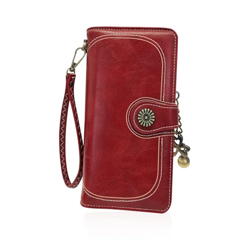 AfitLulu Geldbörse Damen Groß Geldbeutel mit Abnehmbarem Armband und Retro Metall Anhänger, Portemonnaie aus Leder mit Multikartenfach und ID-Fenster (Rot)