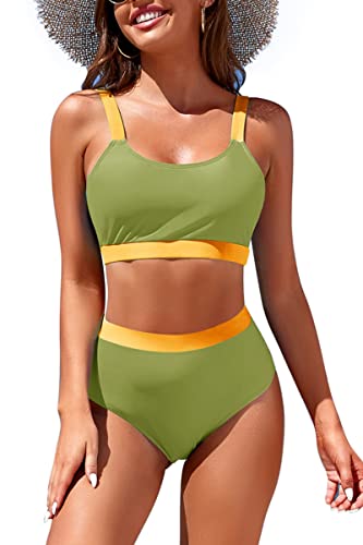 Image of Womens High Waisted Bikini Sets Sporty Crop Top Color Block Swimwear Bandeau Scoop Neck Vintage Two Piece Bathing Suits