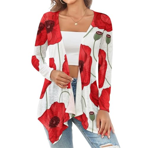MoBlinko Red Poppy Cardigan Sweaters for Women Lightweight Open Front Knitted Women's Cardigan Sweaters Draped Ruffles