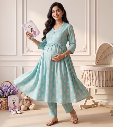 Image of DUMMY SHAPE Maternity Dresses for Women Cotton | Floral Kurta Pant Dupatta Set with Nursing Zippers, Side Pocket | Pre & Post Pregnancy | Feeding Kurti Suit | Baby Shower | Gifts for Pregnant Woman