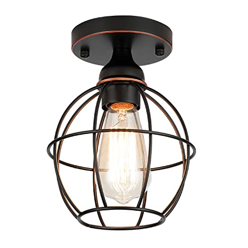 Industrial Vintage Ceiling Light Fixture - Semi Flush Mount Ceiling Light Rustic Black Metal Cage Ceiling Light Cover, Hallway Light Fixtures Ceiling for Hallway Stairway Porch Bedroom Kitchen