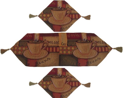 Limited Discount DaDa Bedding 3-Pieces Elegant Tapestry Cafe Table Runner Set - Smell of Coffee Woven Lovely with Golden Tassels - Romantic Dining Night Place Mat for Two