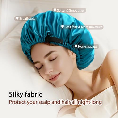 Image of Large Microfiber Hair Towel Wrap & Satin Bonnet Set for Women, Ultra Absorbent Turban 24x42 Inches & Adjustable Night Cap for Curly Hair, Prevents Frizz & Breakage