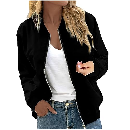 Jackets for Women Lightweight Zip Up Bomber Jacket with Pockets Stand Collar Windproof Outwear Fashion Fall Coat