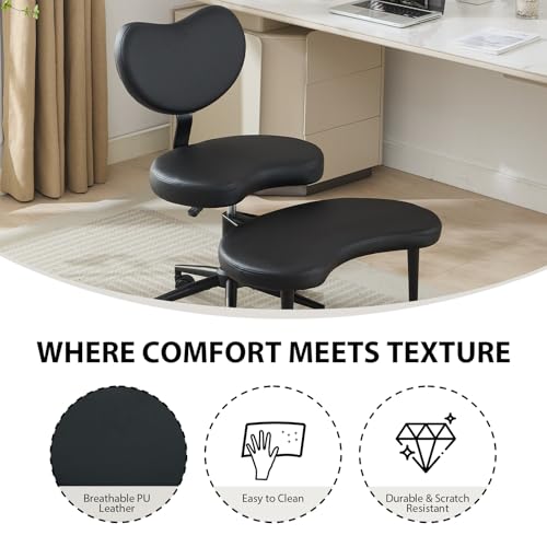 Image of Cross Legged Office Chair with Wheels, 360Swivel Meditation Chair, Adjustable Height Office Chair for ADHD and Yoga, Ergonomic Kneeling Chair with Back Support,PU Leather, Black