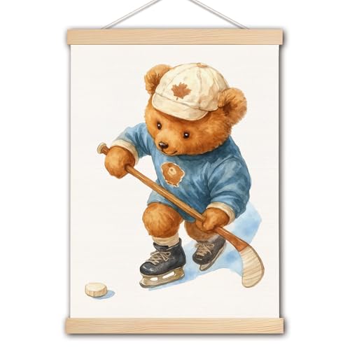 Image of DNEULYR Bear Hockey Wall Art Poster, Sports Nursery Wall Decor, Retro Cute Bear Hockey Sports Poster Hanger Frame for Toddler Kids Boys Room Bedroom Playroom Nursery, 12x16 Inches