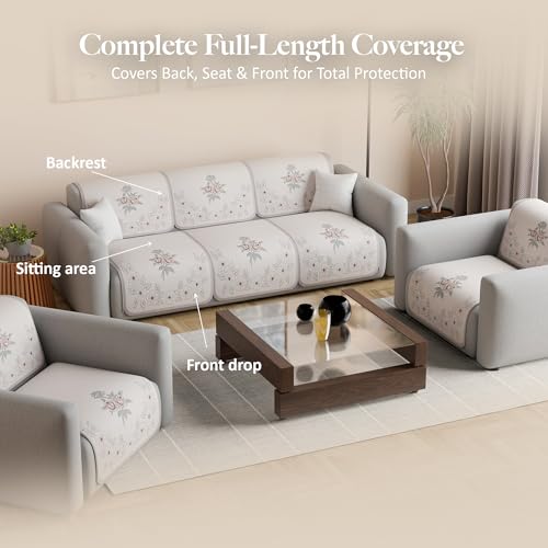 Image of Kuber Industries 5 Seater Sofa Cover | Slipcover for Living Room | Thick & Cozy | Non-Slip Comfort Sofa Cover Set | Painting Delta 1380 - Cream