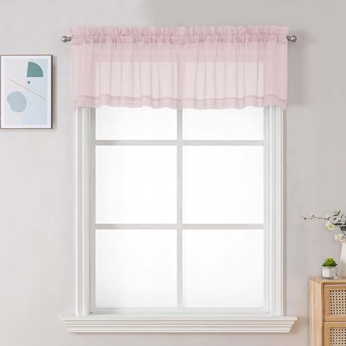 Image of Chyhomenyc Blush Pink Sheer Valances for Windows - Light Filtering Small Kitchen Curtains, Rod Pocket Short Top Window Treatment Decor for Living Room Bathroom Basement, 42Wx16L inches, 2 Panels