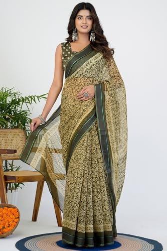 Image of MIRCHI FASHION Women Saree Cotton Blend Leaf Printed | Traditional Festive and Occasional Sari with Unstitched Blouse