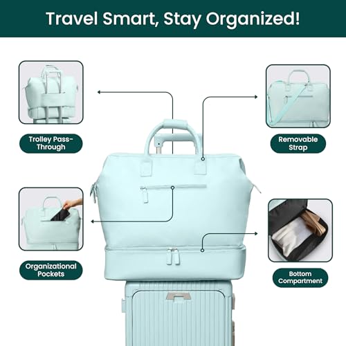 Nobl Travel Weekender Bag for Women & Men, Large Duffel Carry-On Tote with Trolley Sleeve, Separate Shoe Compartment & Laptop Pocket, Leather Overnight Bag for Airplane, Gym, Road Trips - Baby Blue3
