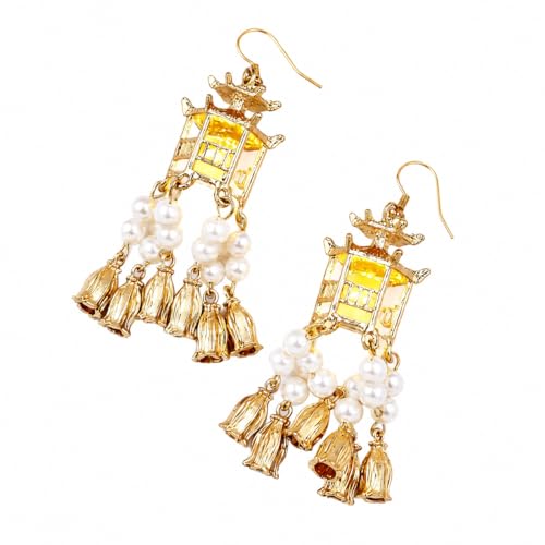 Handicraft Pagoda Pearl Tassel Dangle Earrings White - Image 2