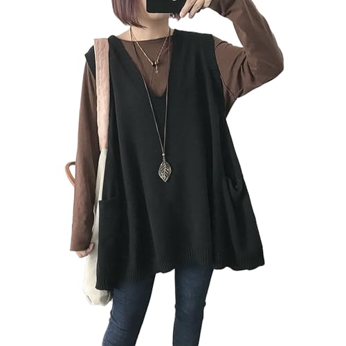 Women's Oversized Sweater Vest Fall V Neck Sleeveless Pullover Sweater Loose Knitted Tunic Tops with Pockets