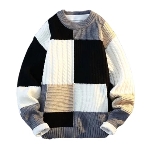 Men's Plaid Knit Sweater Winter Autumn Fashion Patchwork Crew Neck Loose Fit Warm Pullover