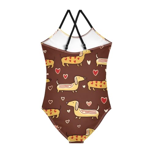 Bolaz Girls Swimsuits One-Piece Bathing Suits Summer Beach Swimwear for 3-10 Years Old-Dachshund Heart Pattern2