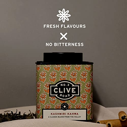 Image of Clive Road Kahwa - 60+ Cups, Premium Tea Tea Tin, Detox with Iced /Hot Tea, Kashmiri Green Blend 100% Natural Spices ~ Saffron, Cinnamon, Cardamom & Rose Petals, 125 g